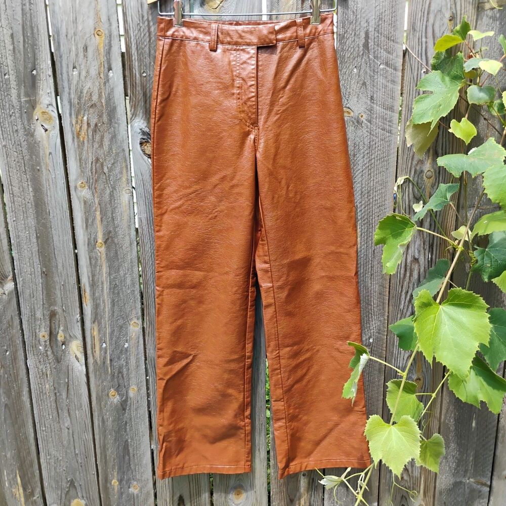 Cotton On Womens Faux Leather Wide Leg Pants Size 6 Cognac Brown High Rise